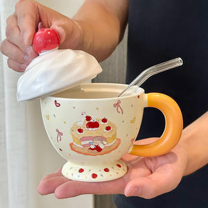 Ceramic Mug <b>With</b> <b>Lid</b> <b>And</b> Spoon Cartoon Pattern For Home Office Use Gift For Women Single <b>Cup</b> Set - Product Image 5