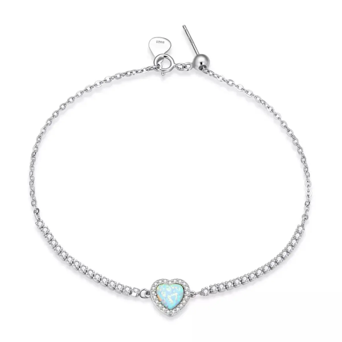 LEICARE White Gold Plated Chain Bracelet Sparkling Zircon Diamonds Opal Gemstone Heart Bracelet 925 Sterling Silver Jewelry