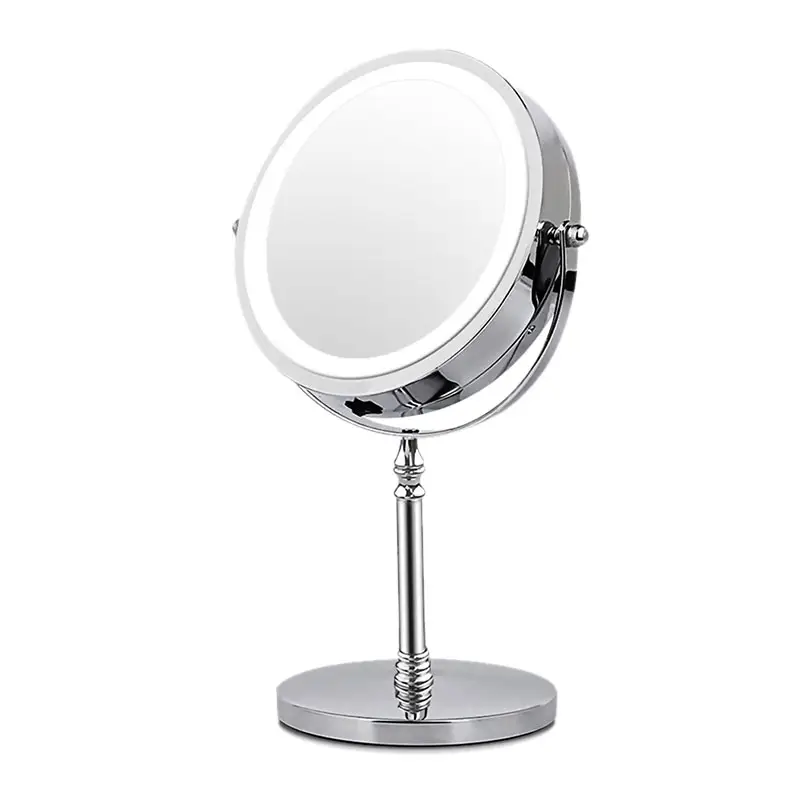 مرآة المكياج المزودة بمصباح ليد 7 "مرآة 10X مكبرة مزدوجة من جانب دوار مرآة لمستحضرات التجميل الكروم