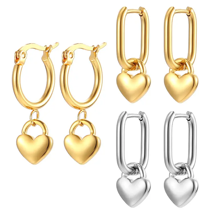 Nabest Hypoallergenic PVD Titanium Steel Waterproof Women Earring Heart Dangle French Huggie Earring Hoops Jewelry