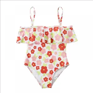 Traje de baño y ropa de playa con estampado de flores para niños, traje de baño de una pieza ecológico con volantes y hombros descubiertos para niñas