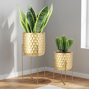 Luxury Textured Gold Metal Planter with Stand Modern Floor Flower <b>Pot</b> Premium Tabletop Desktop Plant <b>Holder</b> for Garden Patio - Product Image 5
