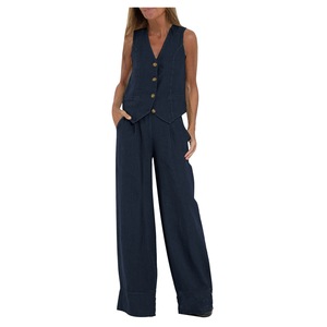 Conjunto de dos piezas de <span class=keywords><strong>lino</strong></span> y algodón de verano para <span class=keywords><strong>mujer</strong></span>, <span class=keywords><strong>chaleco</strong></span> sin mangas, Tops y pantalones, trajes de chándal personalizados para ocio de oficina - Product Image 4