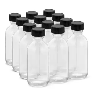 2 Oz Small Clear Glass Bottles,Boston Round Sample Bottles With Black Poly Cone Cap For Potion,Juice,Ginger Shots,Oils