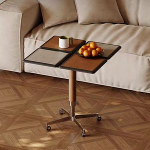 Table basse mobile et réglable avec cadre en métal et plateau en cuir, table d'appoint pour salon et chambre à coucher avec roulettes - Product Image 1