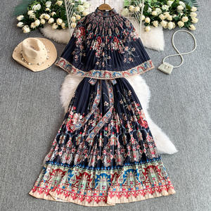 Robe cape imprimée à col montant, style ethnique, digne et élégante, pour femmes, jupe longue plissée - Product Image 3