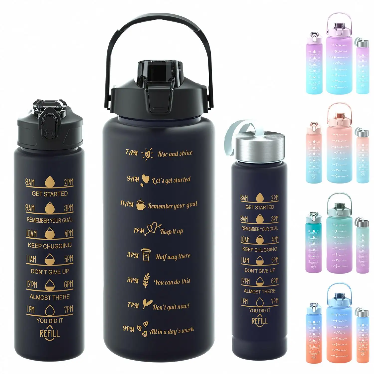 Zogifts vente en gros étanche 1900Ml 650Ml 280Ml bouteille de motivation 3 Pc marqueur de temps paille avec couvercle pour eau lait