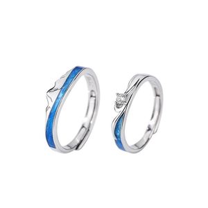 Bagues de couple tendance, ensembles de bagues de mariage pour couple, bagues ajustables ouvertes personnalisées, design montagne et mer, bague en diamant - Product Image 5