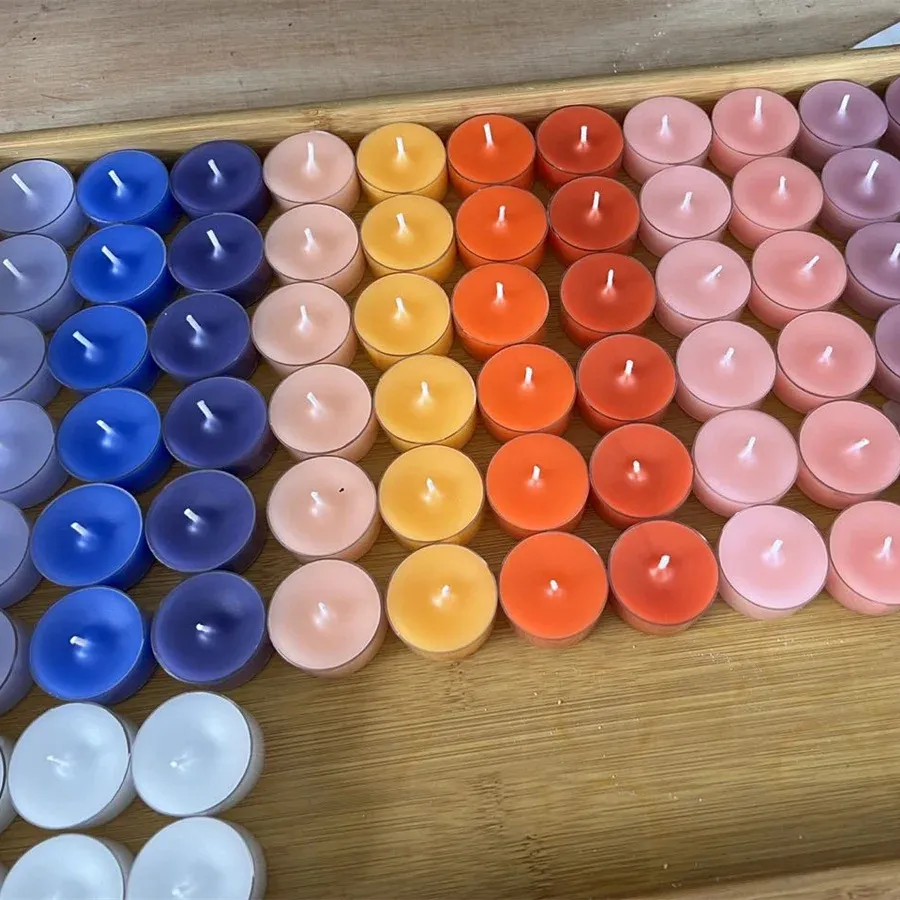 Velas tealight coloridas para casamento e igreja, mini luzes de chá sem fumaça perfumadas, embalagem a granel com 24/48 unidades