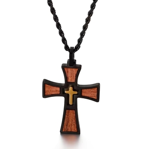 <span class=keywords><strong>Collier</strong></span> pendentif hip-hop en acier inoxydable inaltérable et étanche, croix religieuse chrétienne en bois grainé - Product Image 4