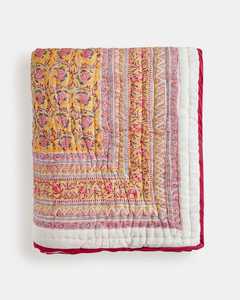 Indian Hand Block Print Amber Yellow Cotton Quilt Floral Bedspread Queen Size <b>Comforter</b> Summer Blanket - Product Image 1