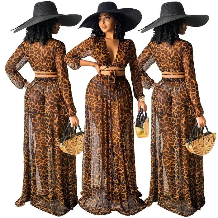 Женский шифоновый комплект из двух предметов, укороченный топ на шнуровке с длинным рукавом и юбка, летнее платье макси с леопардовым принтом