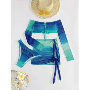 ชุดว่ายน้ำผู้หญิงแบบ 3 ชิ้นไล่เฉดสี ดีไซน์เปิดไหล่ พร้อมกระโปรงชายหาด ชุดบิกินี่แบบเว้าลายฉลุ ยืดหยุ่นได้ - Product Image 4