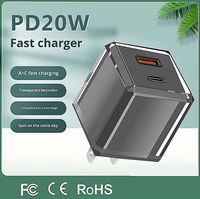 Adaptador de Carga Rápida QC3.0 de 20W, Puerto Dual A+C, Mini Cargador de Pared Transparente de Cristal Tipo-C para Laptop, Teléfono Móvil y Auriculares, Enchufe Estadounidense