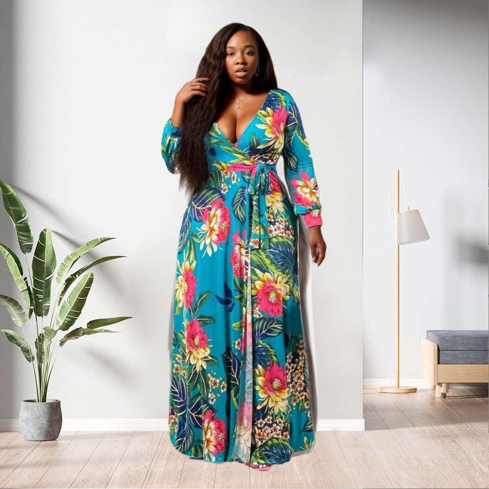 floral casual plus size maxi dresses Floenr Womens Plus Size Maxi Dress,Casual Loose V-Neck Long Lantern Sleeve  Floral Summer Dresses,Flared A-Line Spring Party Mini Dress Boho Dress