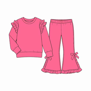 Ensemble de vêtements tendance pour petite fille avec détails volantés : haut à manches longues à volants aux épaules et pantalon évasé à volants avec nœud - Product Image 5