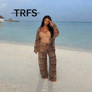 Nouvelle collection été : Ensemble trois pièces sexy pour femme, style ethnique, comprenant chemisier de bureau, pantalon et caraco en maille géométrique ajourée, grandes tailles. - Product Image 1