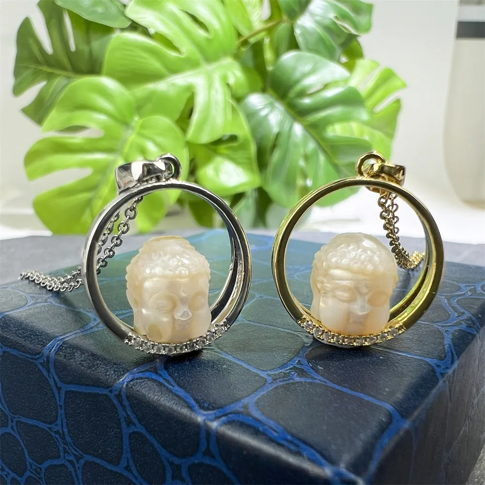 2024 nuovo Design delicato oro placcato lastricato anello di zircone naturale perla d'acqua dolce Buddha testa ciondolo collana a cerchio