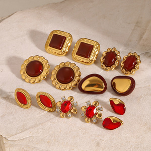 Fashion Stud <b>Earrings</b> Bezel Setting <b>Red</b> Agate Zinc Alloy Geometric Flower Shape Stainless Steel Ear Post Party Jewelry - Product Image 2