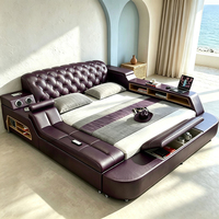 Lit intelligent moderne de luxe en cuir, taille King, avec rangement et fonction de massage, pour ensemble de meubles de chambre à coucher