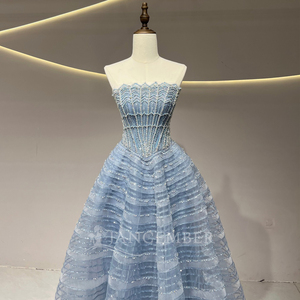 JFH81 Elegante Vestido de Noche Azul Polvoriento con Corsé de Cristales Brillantes, Tul Escalonado, Apliques de Cuentas, Estampado de Encaje y Corte en A con Cola Capilla - Product Image 3