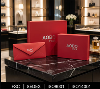 Boîte cadeau carrée en carton écologique, recyclable et biodégradable, avec logo rouge embossé personnalisé, finition mate premium et ruban.
