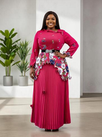 Ensemble chic pour femmes, haut à volants et ceinture, imprimé floral, avec jupe longue plissée, 100% polyester, tenue modeste pour l'église