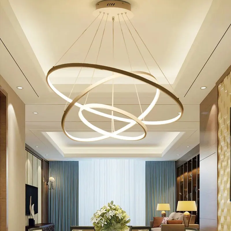 Lampu gantung Led, kreatif bentuk dapat diubah dekorasi cincin bulat emas Modern mewah untuk ruang tamu