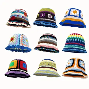 Fashion Y2K Beanies Bucket Visor Hat Folded Beach Sunscreen Straw Hats Outdoor Summer Holiday Sun Colorful Handmade Crochet Knit