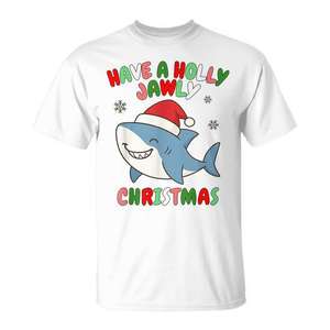 Camiseta navideña para amantes de los tiburones, diseño navideño Have A Holly Jawly, camisa blanca para hombre - Product Image 1