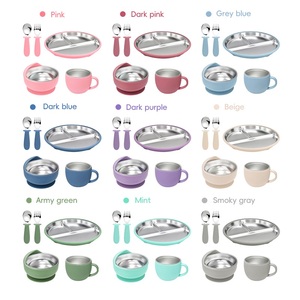 Sustainable Kids Dinnerware Set Stainless Steel Plate Silicone <b>Snack</b> Cup and Cartoon Style Fork Set - Product Image 3