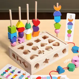 Mainan Montessori multifungsi, set blok kayu bentuk kognisi geometris mainan sequensing permainan blok bangunan