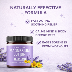 Lotion de nuit au magnésium, à l'arnica et au beurre de karité |   Lotion de soulagement musculaire et articulaire à haute concentration pour les jambes et les pieds |   OBM Écologique - Product Image 5