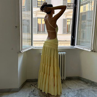 Nouvelles Arrivées EN STOCK Robe Longue Sexy Jaune Dos Nu Plissée pour Femme – Idéale pour l'Été
