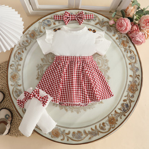 Completo Set Estivo 2026 per Bambine: Gonna Pied-de-Poule, Calzini e Copricapo in Cotone Traspirante con Maniche Volanti a Manica Corta - Product Image 4