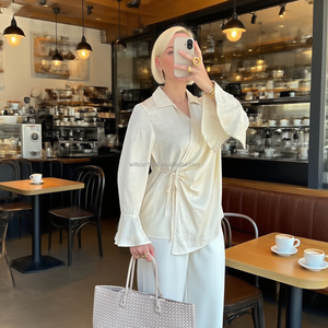 Chemisier élégant en satin à motif <span class=keywords><strong>cœur</strong></span> pour adultes, coupe ample, doux, décontracté, ton sur ton, vêtement islamique d'automne respirant, longueur intégrale - Product Image 6