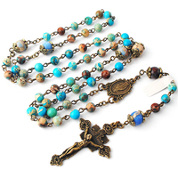 Chapelet catholique de perles en pierre précieuse, 6mm, rose, vierge marie, jaspe bleu, chapelet avec Crucifix plaqué Anti-Bronze