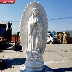 Sculpture de la Vierge Marie grandeur nature en marbre blanc de Carrare YOUFINE, bras ouverts, statue de Notre-Dame avec base en forme de croissant de lune pour église - Product Image 6