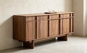 Premium Minimalist Walnut <b>Sideboard</b> 4-Door Large <b>Storage</b> Mid Century Modern Credenza For Living Room Dining Room - Product Image 4