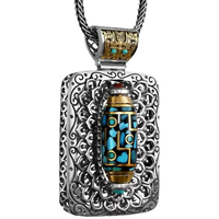 Collier pendentif vintage en laiton avec chaîne à maillons et perles rotatives « Dix Mille Bouddhas » en turquoise naturelle