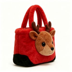 Custom Reindeer plush tote bag ,Christmas deer fuzzy handbag, 3D reindeer head plush hand tote, Holiday reindeer plush purse - Product Image 1