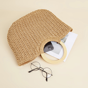 Bolso de mano de paja tejido a mano para mujer, bolso de playa de verano, bolso de hombro bohemio con asa redonda de madera, bolso de vacaciones de gran capacidad - Product Image 4