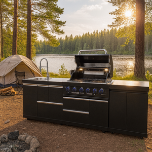 Toutes saisons Outdoor <span class=keywords><strong>Camping</strong></span> Black Outside Bbq Kitchen Armoire de cuisine extérieure en acier inoxydable <span class=keywords><strong>avec</strong></span> four à pizza, grill et évier - Product Image 1