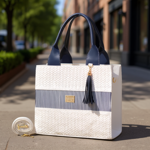 Borsa tote da donna Fana in rattan fatta a mano, a righe bianche e blu navy, di forma quadrata, con tracolla a catena per uso quotidiano - Product Image 2