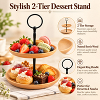 Support à pâtisserie en bois de hêtre à 2 niveaux avec poteau en métal noir et poignée annulaire pour gâteaux, noix, fruits secs, bonbons et décoration de table à thé