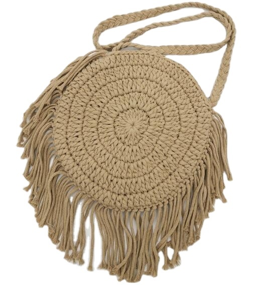 Handmade Macrame Bohemian Style Women's Cotton Rope Zipper Closure Cross-Body Single Strap Shoulder Bag Tassel Detail Polyester
