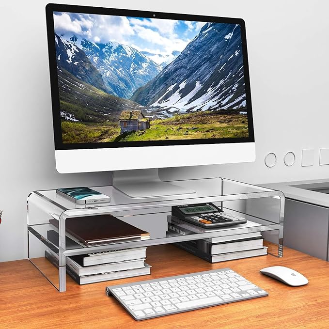 OSCO Supporto per monitor in acrilico trasparente – Ripiano schermo completamente assemblato con spazio per tastiera – Riser da scrivania/zoccolo stampante – solleva il monitor per una configurazione