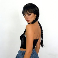 Perruque complète noire en fibre haute température avec franges aériennes et tresses torsadées doubles