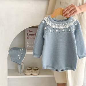 Engepapa setelan pakaian bayi perempuan baru lahir musim gugur pola Solid Romper bayi topi rajutan kancing jepret busana rajut tangan ODM - Product Image 3