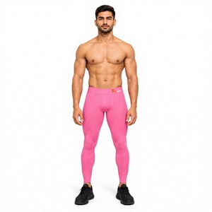 Men's Pink Full Length <b>Compression</b> <b>Leggings</b> Mid Waist Seamless Spandex Polyester Athletic Base Layer Eco-Friendly Breathable - Product Image 1
